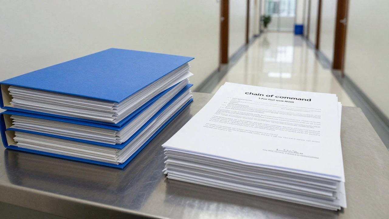 A stack of stamped formal folders on a metal desk in an institutional hallway.