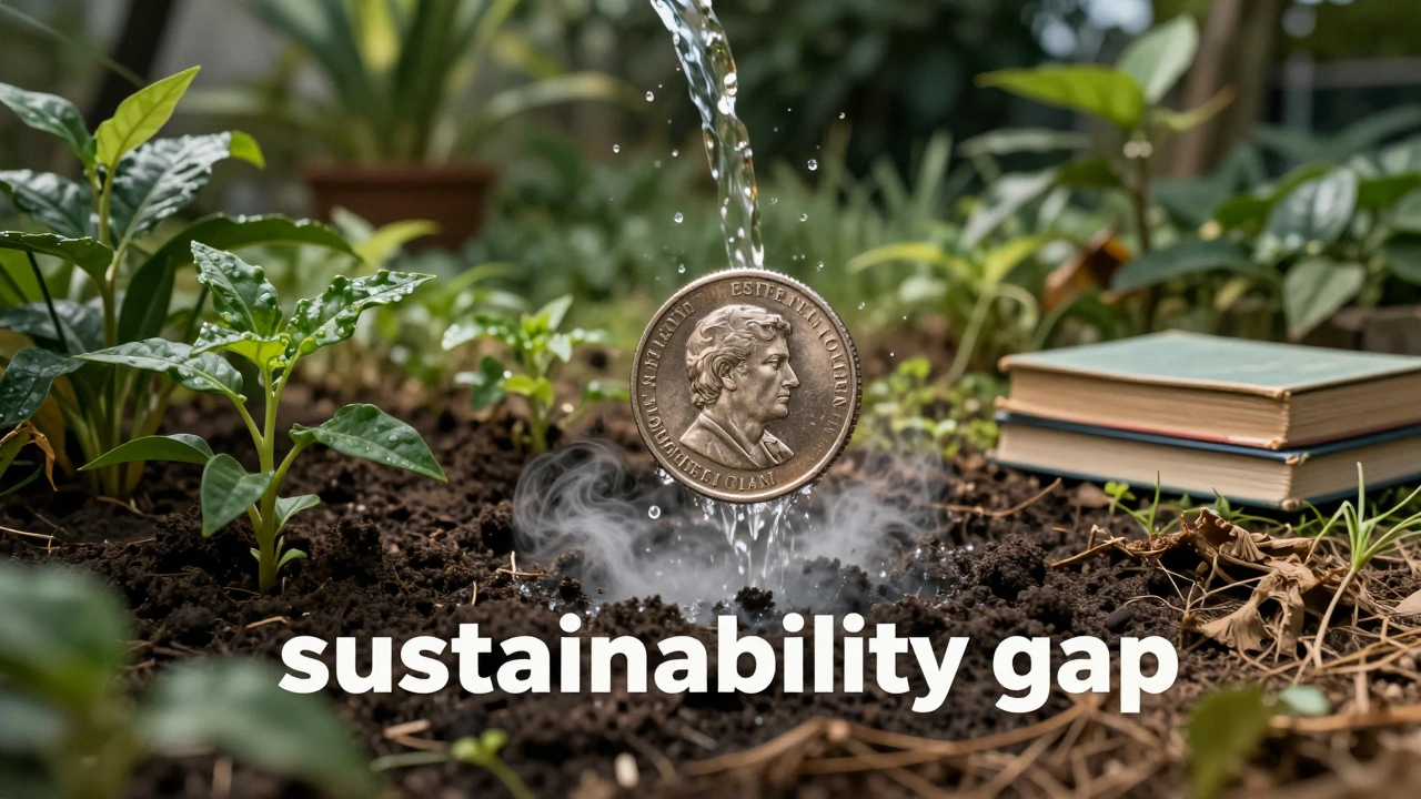 A surreal image of a garden with a fading coin symbolizing unstable funding