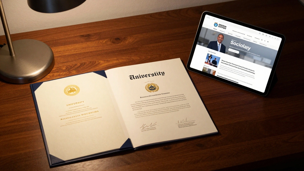 A university diploma and transcript next to a tablet showing an online course.