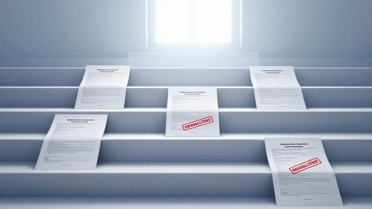 Abstract representation of legal grievance forms ascending like stairs toward a light