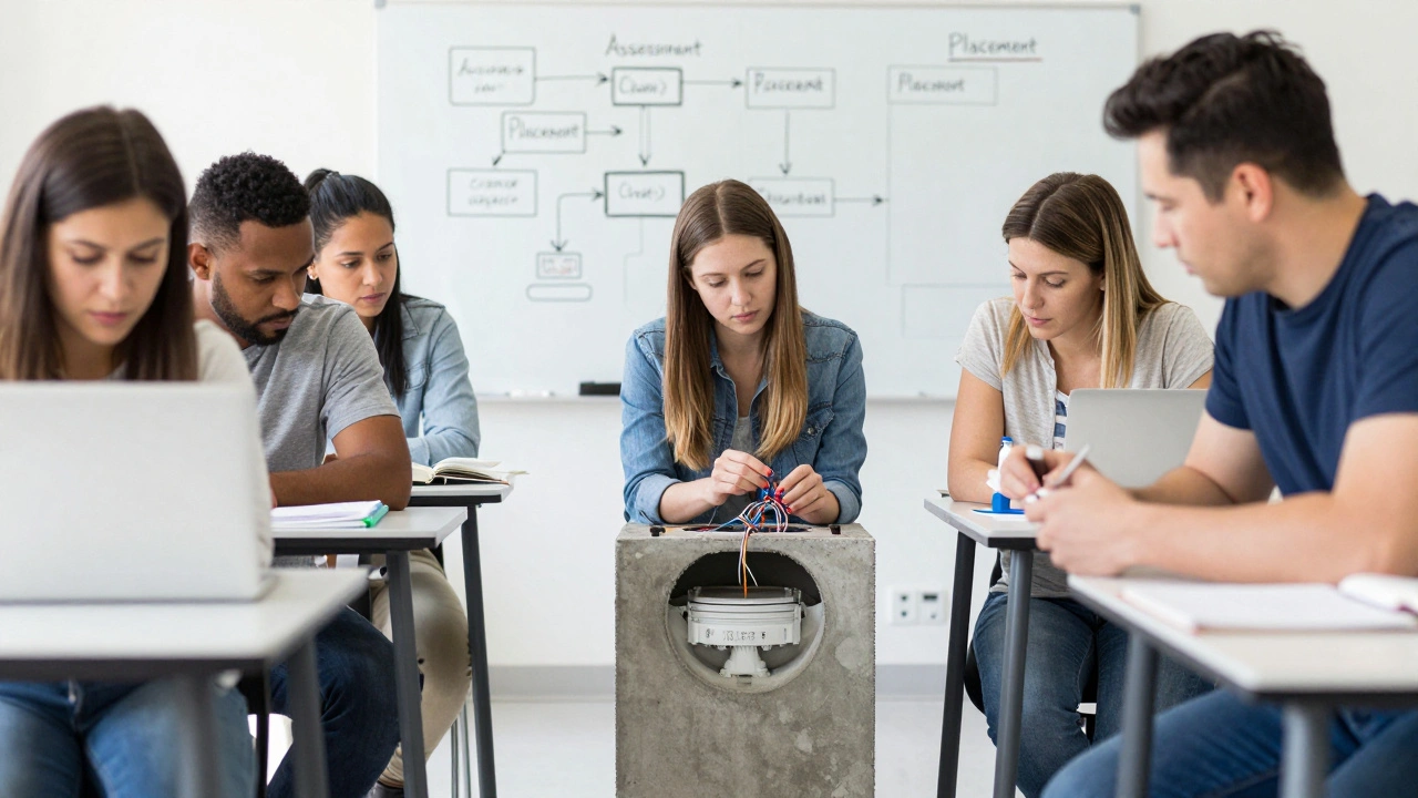 Adult students practicing HVAC vocational training in a modern classroom
