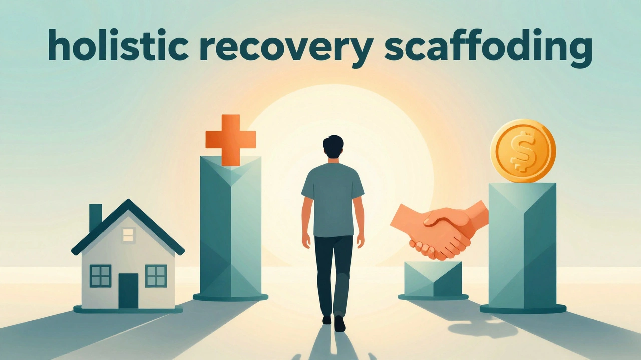 An artistic illustration of a person supported by pillars of housing, healthcare, and financial stability.