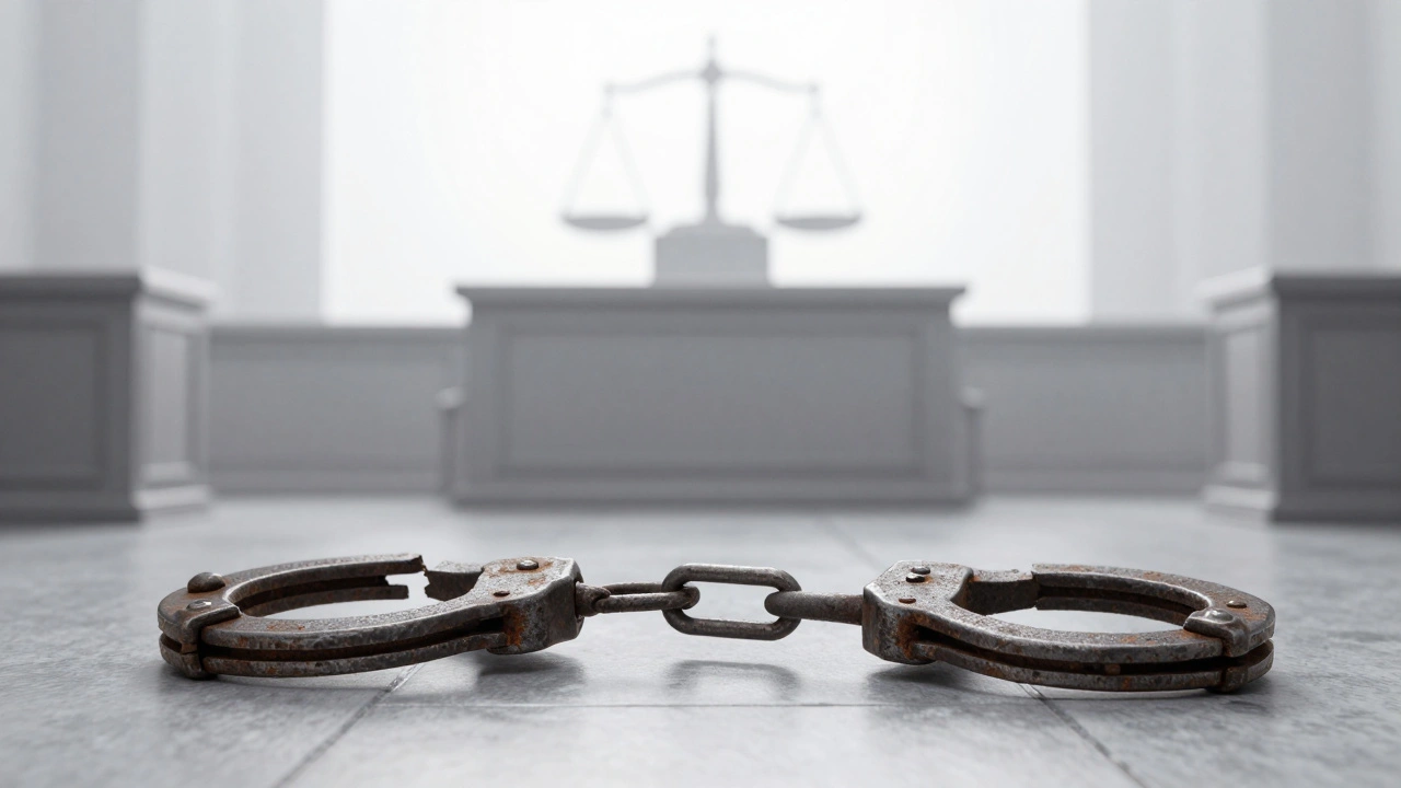 Broken iron shackles on a courtroom floor with the scales of justice in the background.