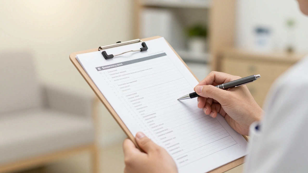 Close-up of a clinician's hand with a screening tool in a medical setting