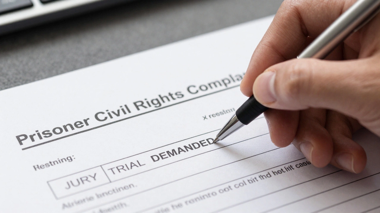 Close-up of a hand signing a legal complaint form with a jury trial demand