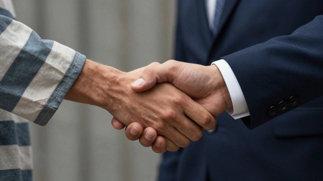 Close-up of a handshake between a person in prison attire and a professional recruiter.