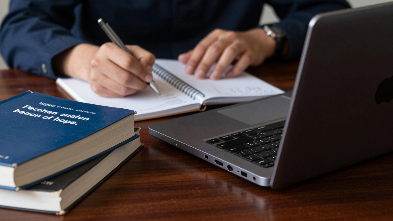 Close-up of a security-approved laptop and academic notebooks on a classroom desk.