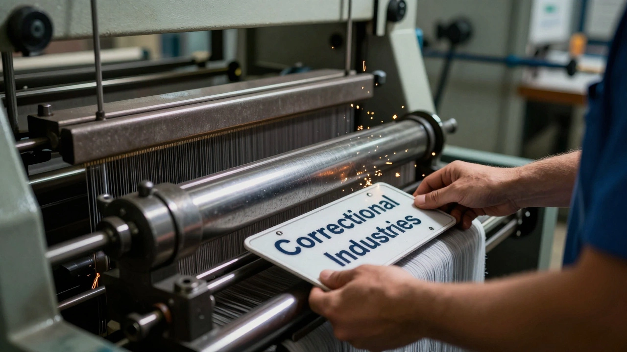 Close-up of an incarcerated worker operating industrial machinery in a prison factory