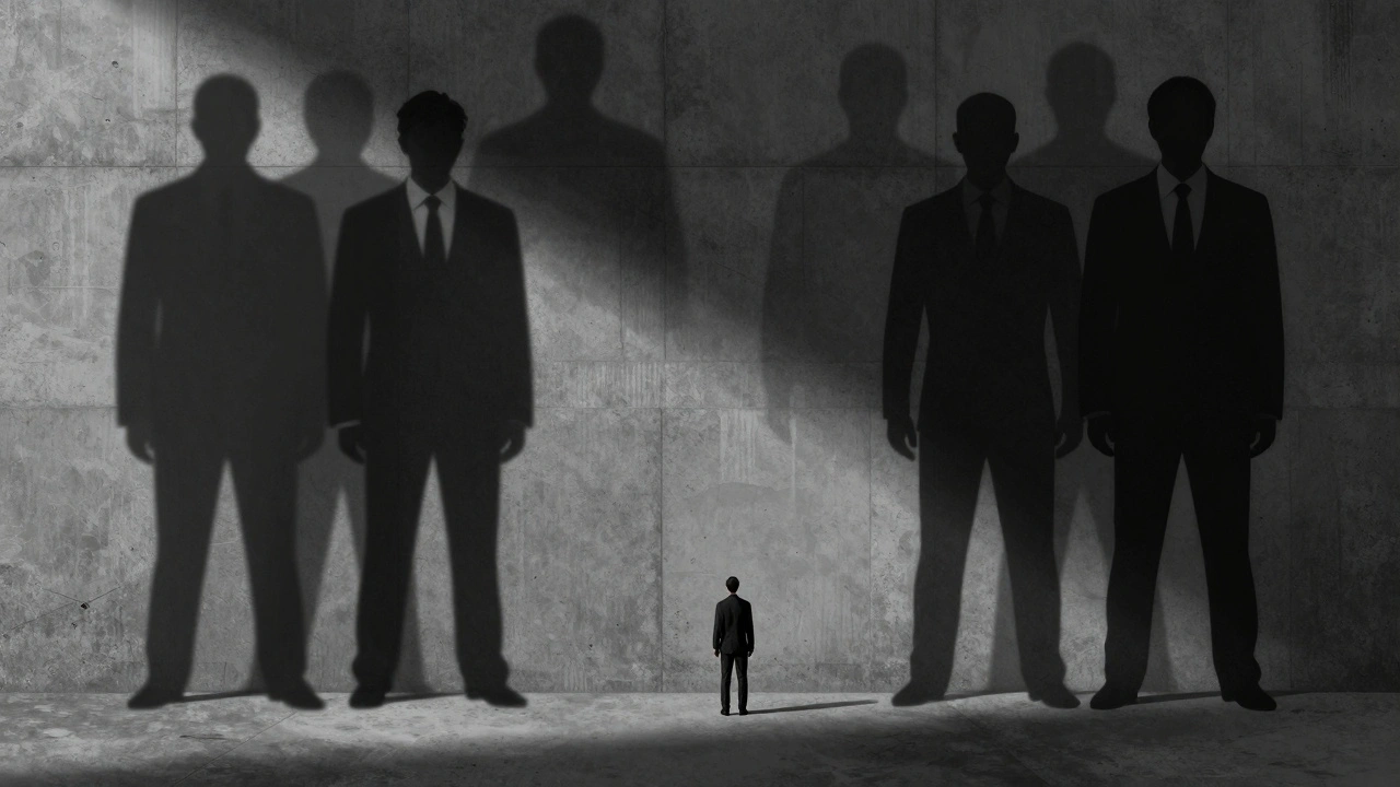 Conceptual art of a small person facing towering shadows of authority