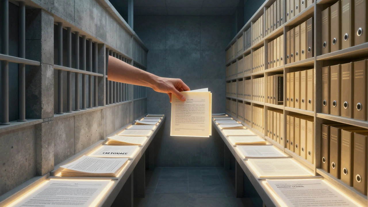 Conceptual art showing a bridge of legal documents connecting a prison wall to legal resources.