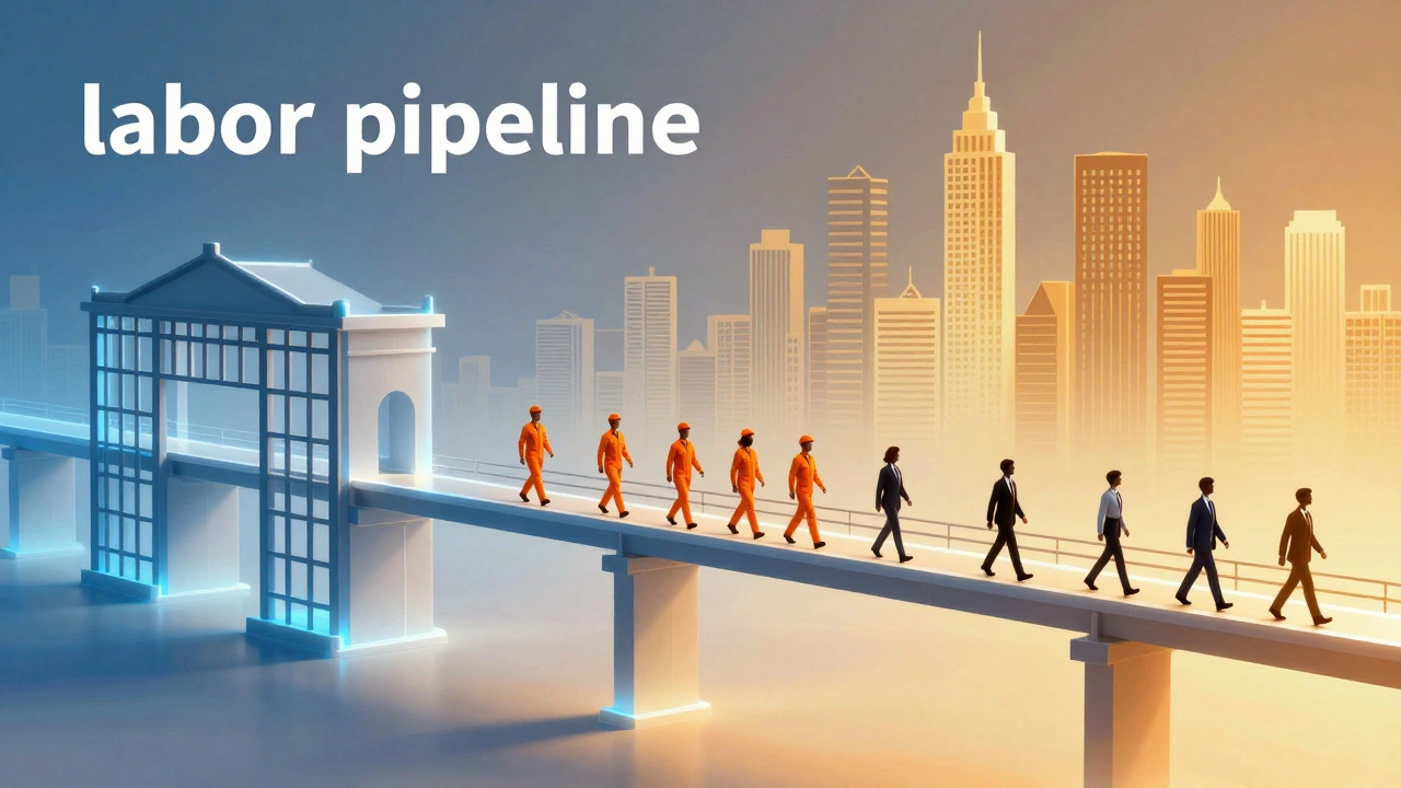 Conceptual bridge connecting a prison to a city to symbolize job reentry