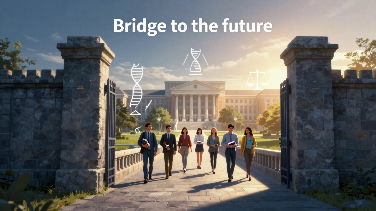 Conceptual bridge leading from a prison facility to a bright university campus.