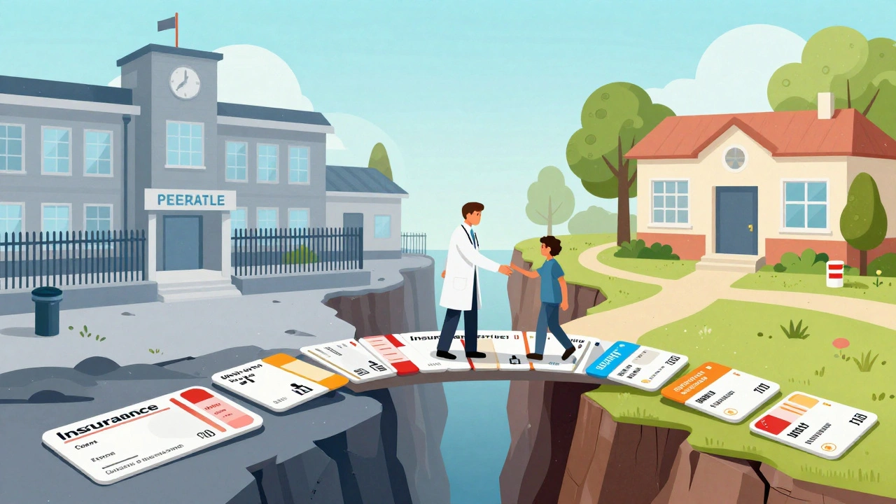 Conceptual bridge of medical care connecting a prison to a community clinic.