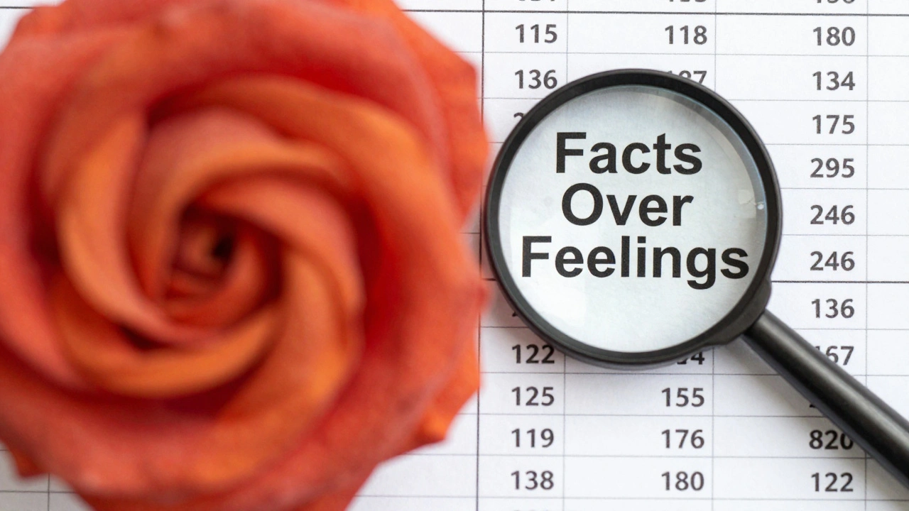 Conceptual split image contrasting chaotic emotional colors with structured factual data.