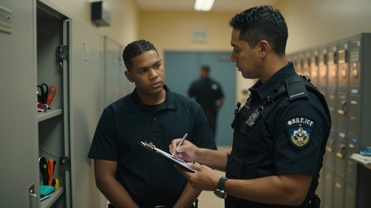 Corrections supervisor reviewing security checklists with a trainee worker.