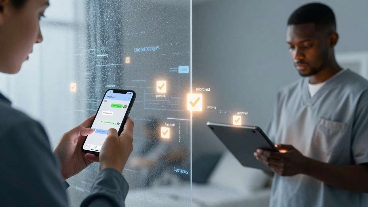 Digital illustration of two people connecting via smartphone and prison tablet through a digital wall