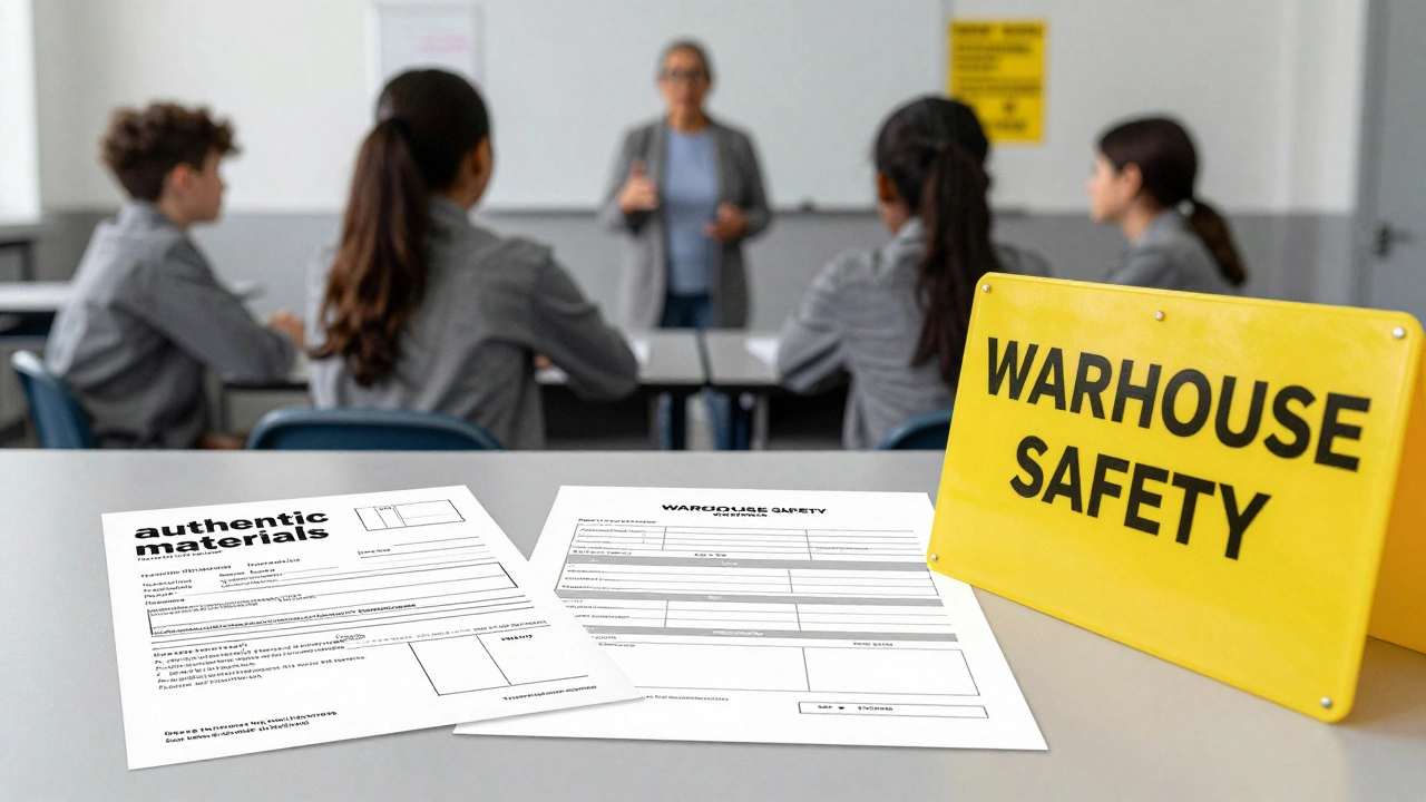 Educational materials like job applications and safety signs on a prison classroom table