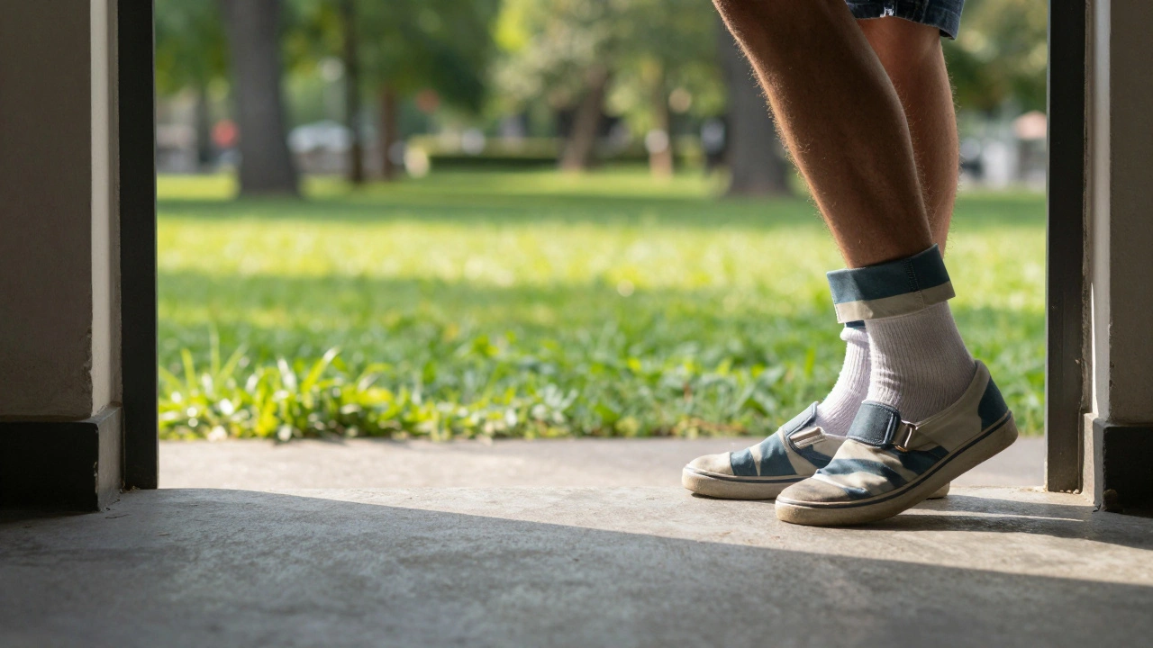Feet stepping from a grey prison floor into a bright, sunny park
