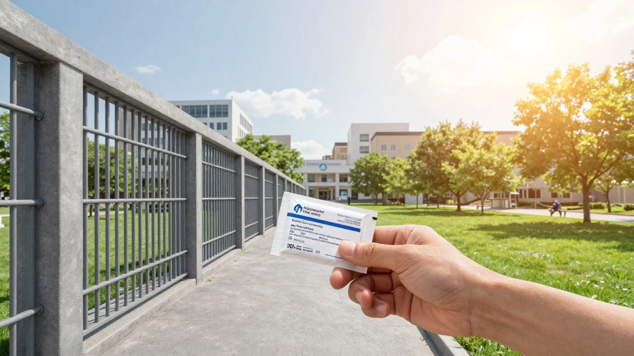 Hands exchanging a 30-day medication pack between a jail facility and a community clinic.