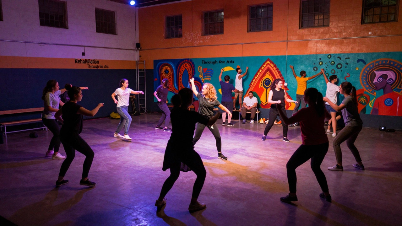 Incarcerated individuals participating in a vibrant theater and arts program in a prison hall.