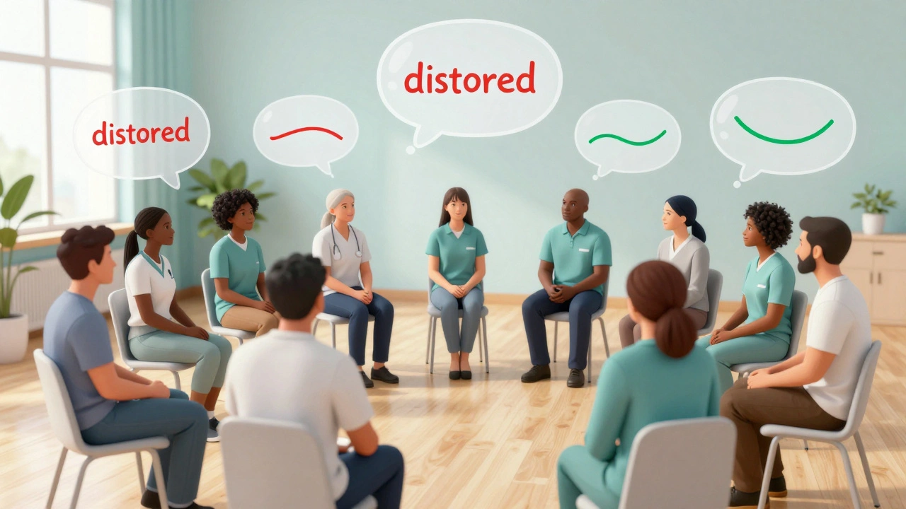 Inmates in a group therapy session practicing cognitive restructuring