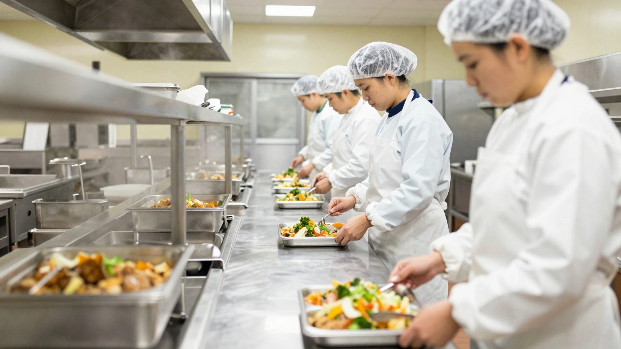 Institutional kitchen staff portioning meals on stainless steel assembly line.