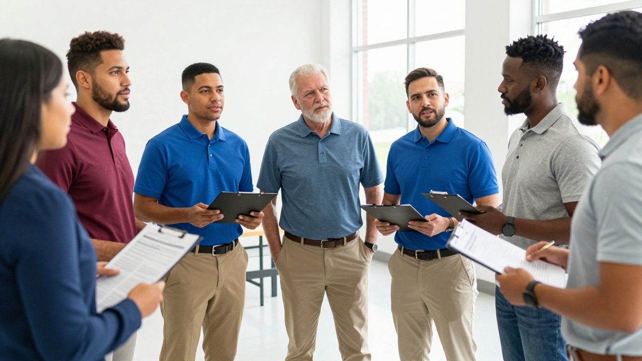 Men in business casual attire networking with employers at a community reentry job fair.