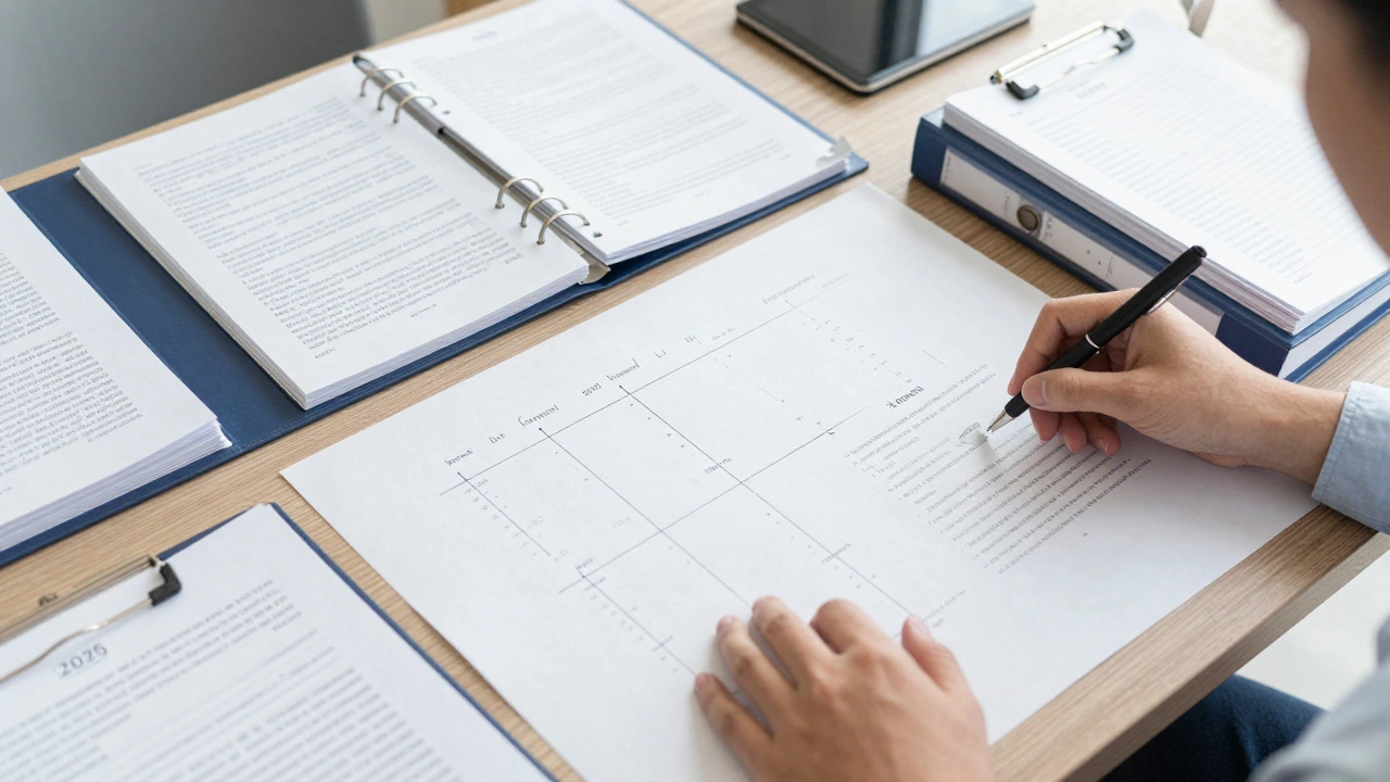 Organized legal research materials, including a timeline and updated statutes on a desk.