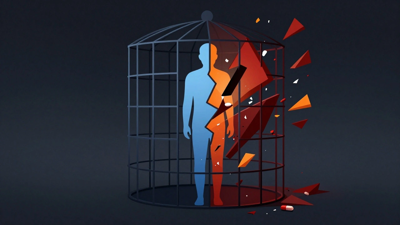 Silhouette of a person shattering into red shards, symbolizing a mental health crisis in jail.
