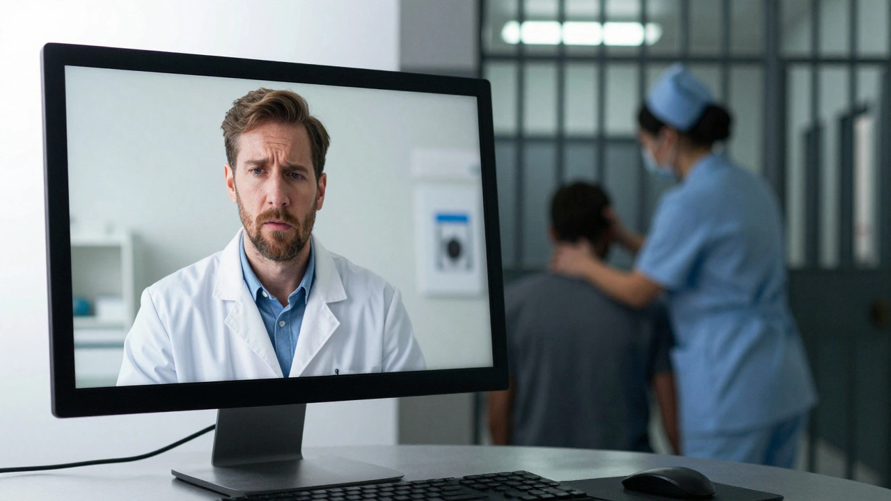 Split view of a psychiatrist on a telemedicine screen and a nurse in a prison crisis.