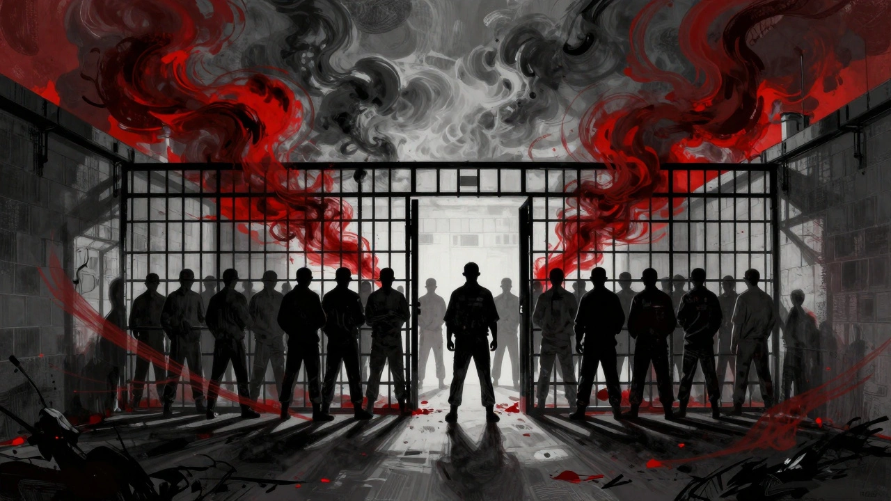 Stylized prison interior with red smoke symbolizing tension and conflict