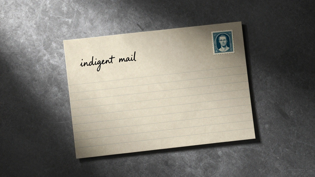 Top-down view of a handwritten letter and a stamp on a metallic surface