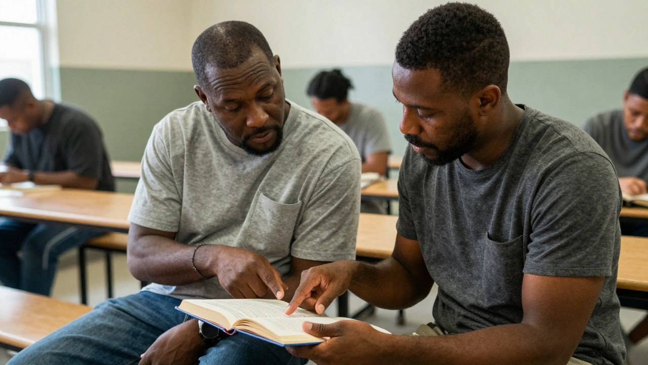 Two men in a prison common area engaging in peer-to-peer English language learning
