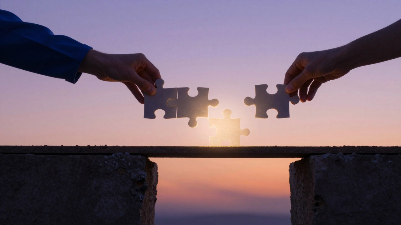 Two sets of hands assembling illuminated puzzle pieces to form a bridge over a dark void.