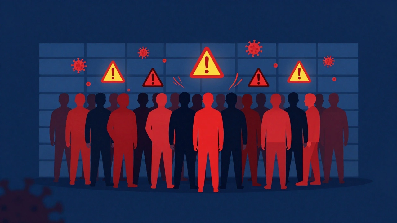 Abstract illustration showing overcrowded cells linked to disease spread and health risks.