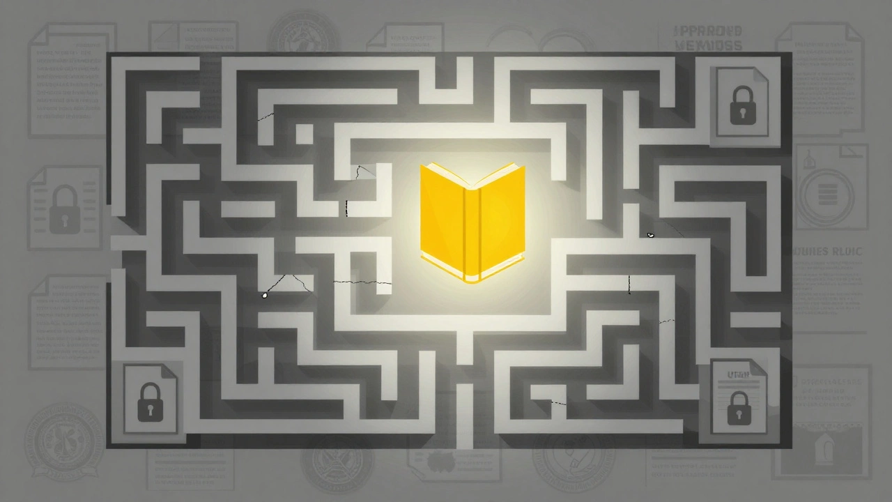 Abstract maze of documents and locks with a book navigating through.