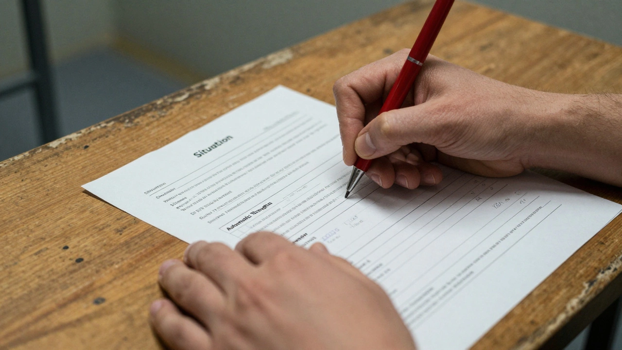 Close-up of hands writing on a cognitive behavioral therapy assignment