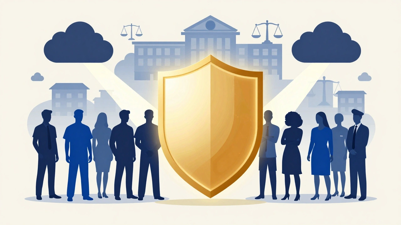 Conceptual art of legal shields protecting whistleblowers