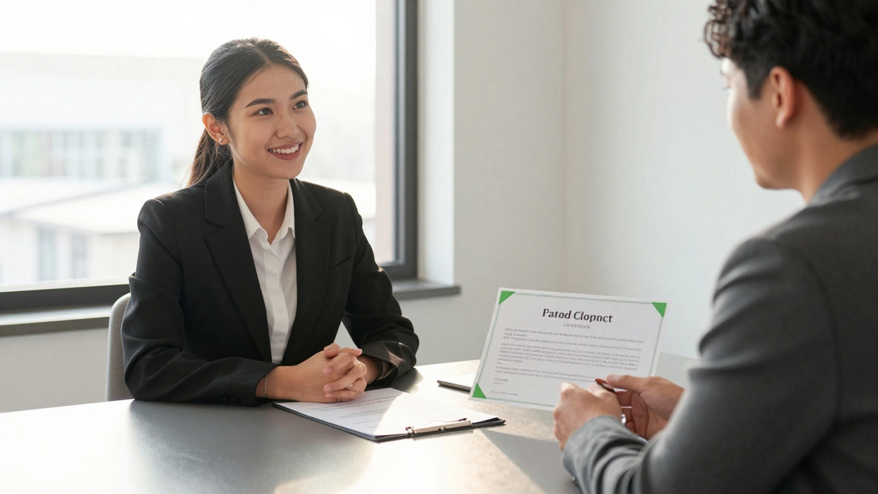 Confident candidate interviewing with employer, highlighting second-chance hiring success.
