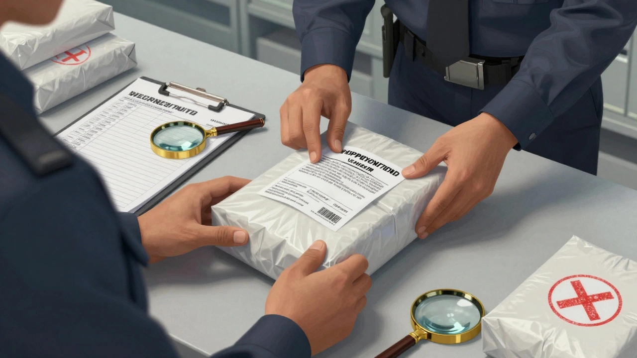 Correctional officer inspecting a sealed book package for contraband.
