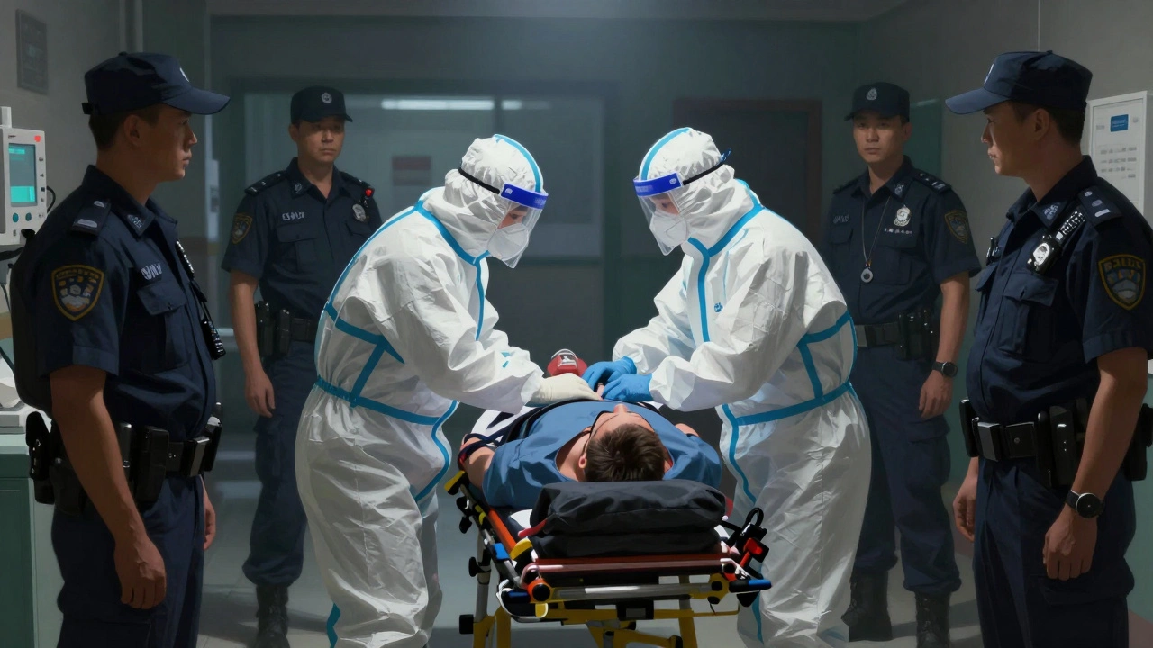 Emergency response team treating a patient in a prison