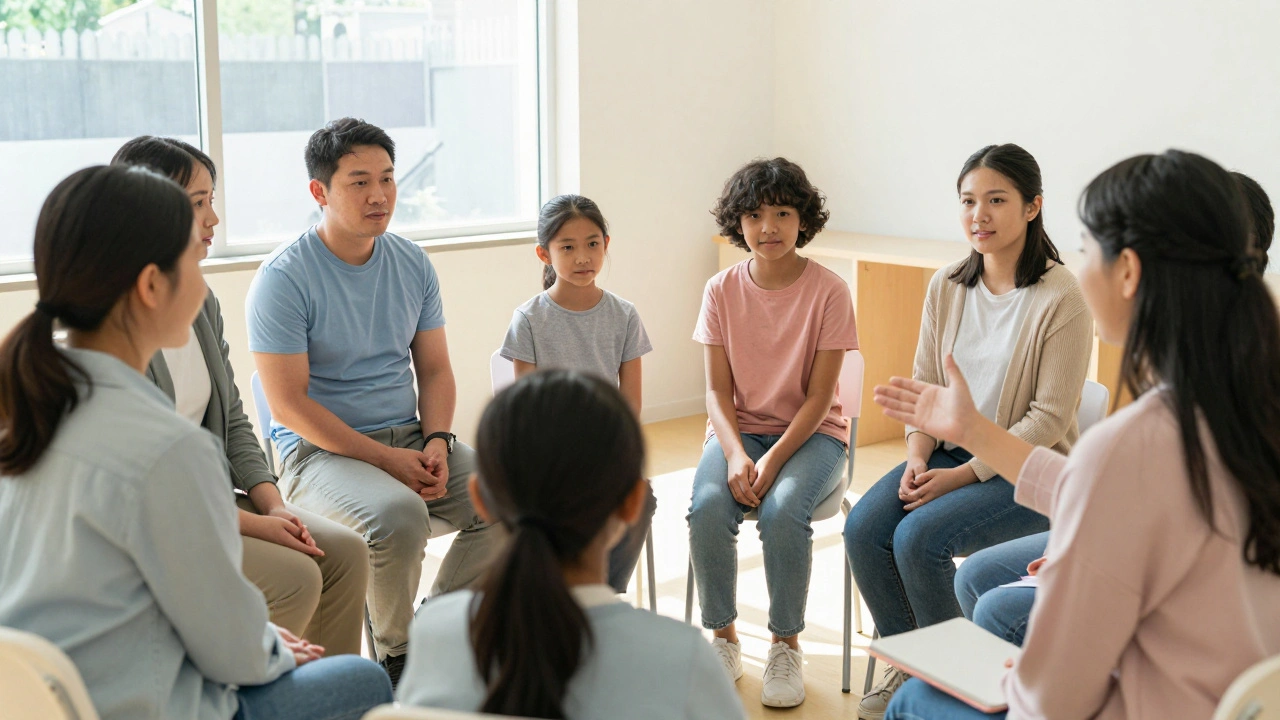 Family support group meeting with counselor and children in warm room