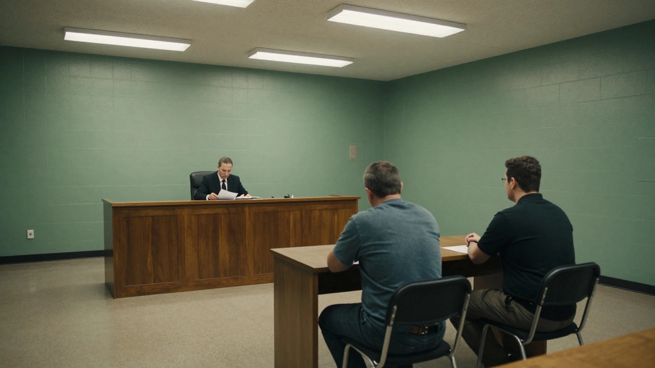 Formal discipline hearing proceeding in a prison courtroom