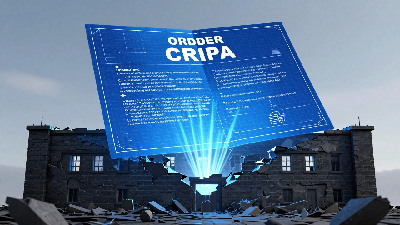 Glowing legal blueprint hovering over a crumbling prison wall