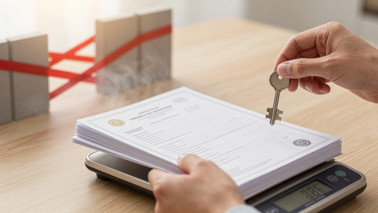 Hands holding certificates and logs on a scale with a key, symbolizing earned release