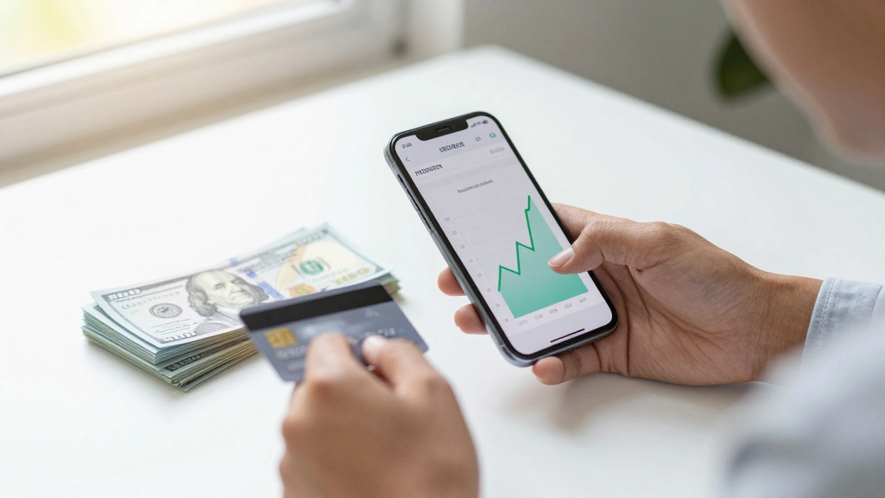 Hands holding phone showing rising credit score graph and cash savings
