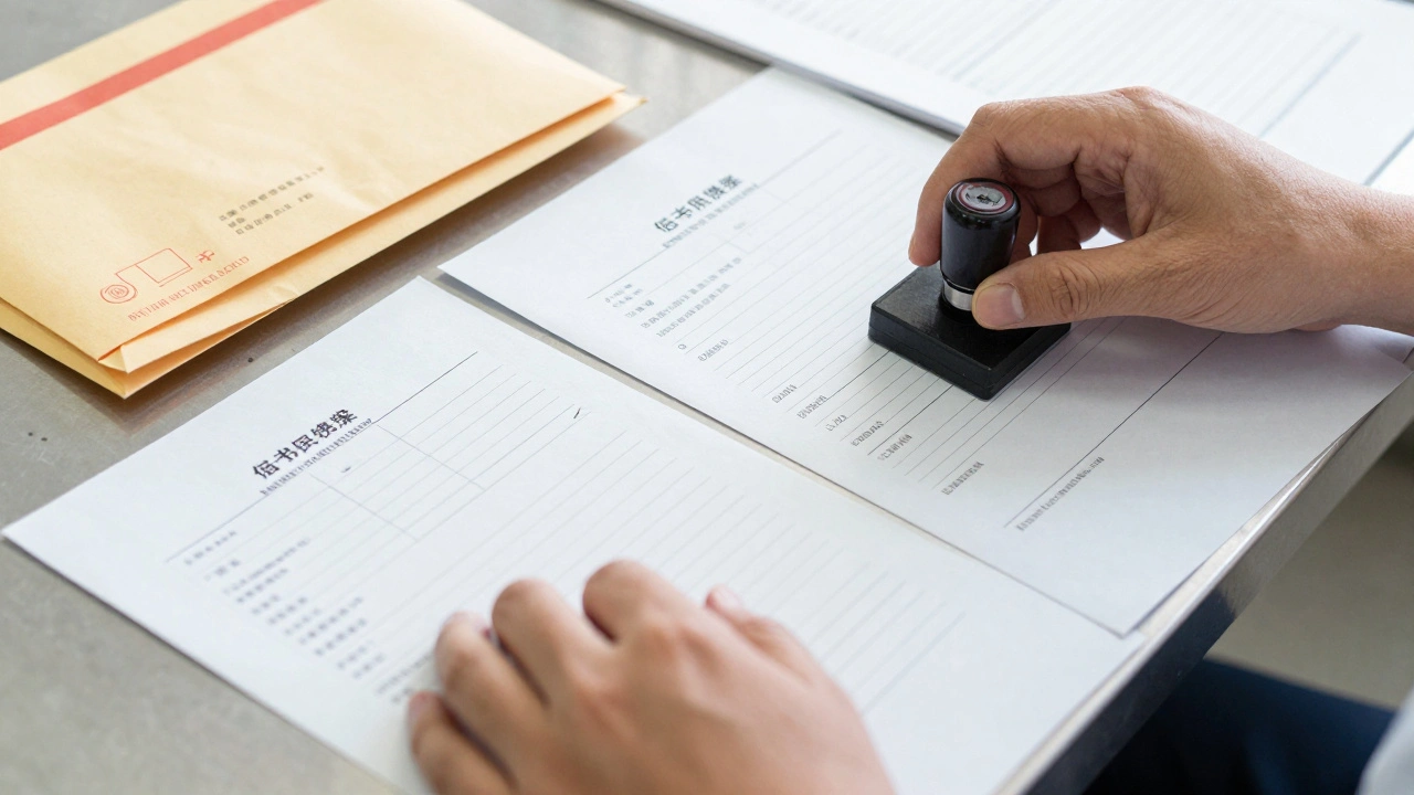 Hands organizing evidence logs and stamped receipt copies