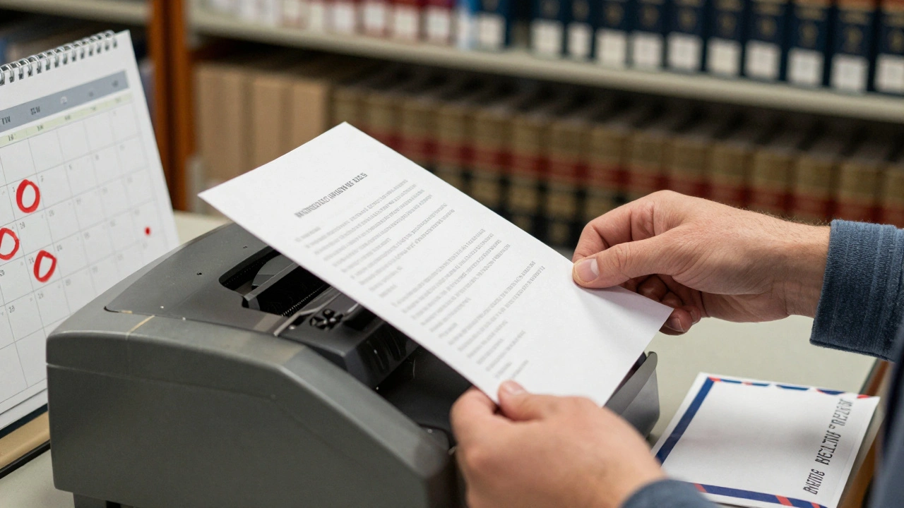 Hands photocopying documents and marking deadlines for legal appeals