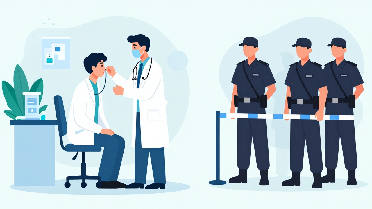 Illustration balancing medical care and security protocols