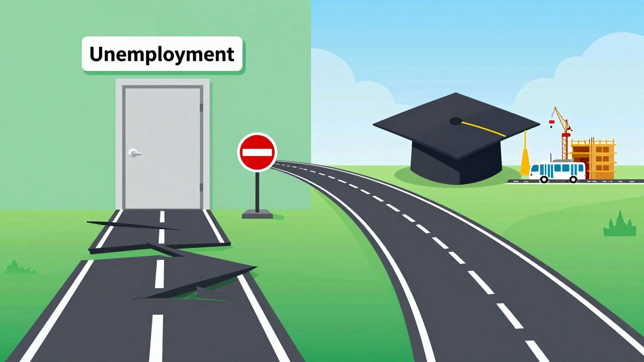 Illustration contrasting broken path to unemployment with smooth road to jobs